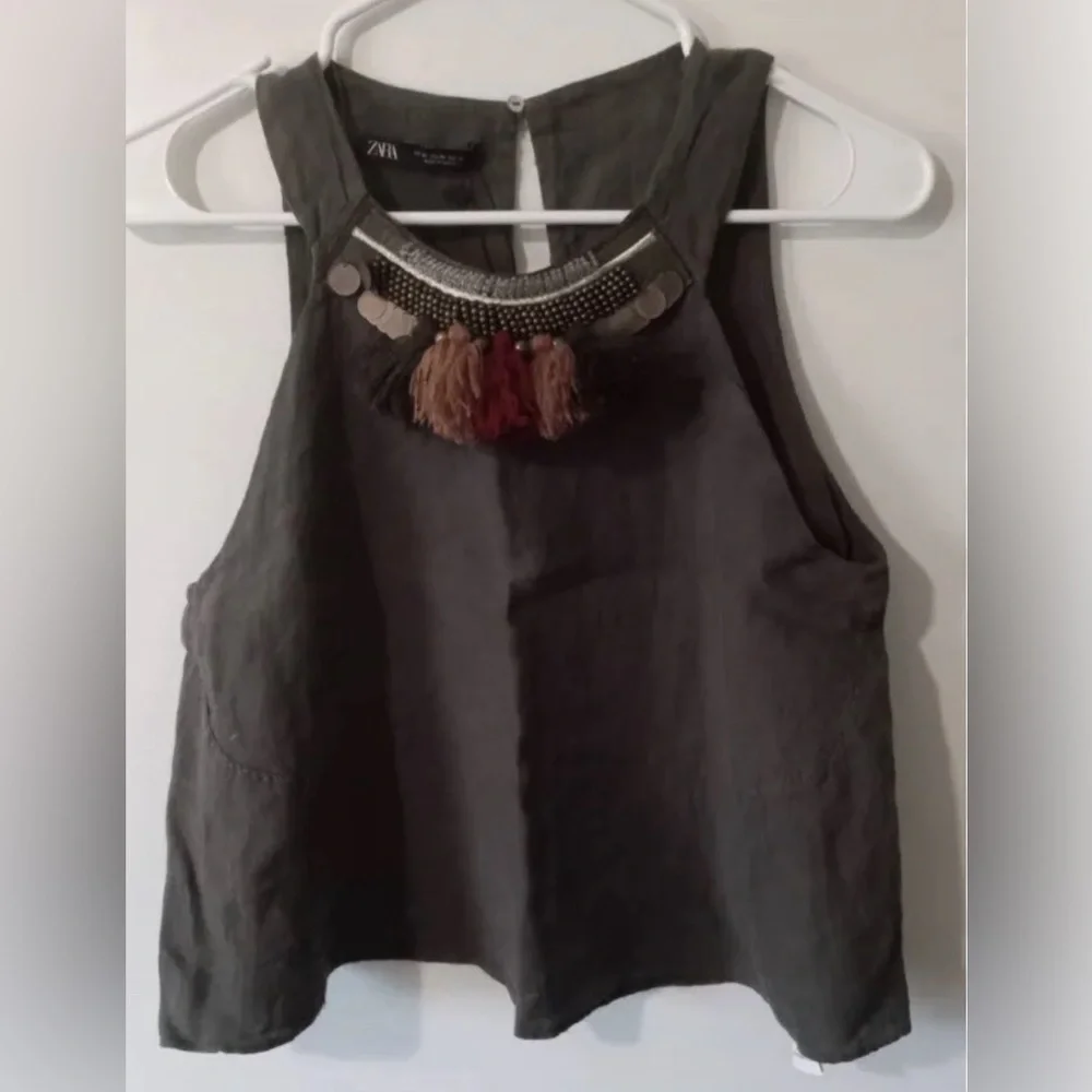 ZARA khaki green linen top with tassels appliqués size extra small - Picture 2 of 5